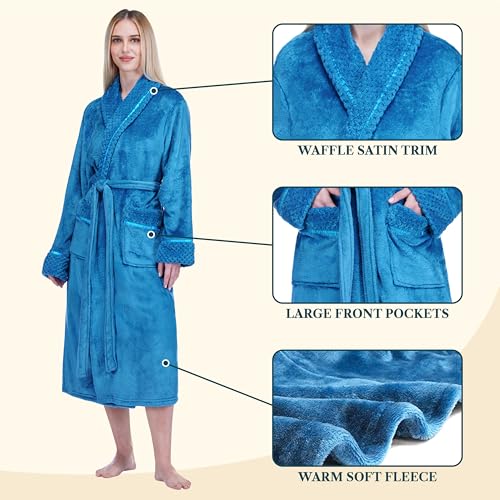 Image of PAVILIA Women's Plush Fleece Robe, Soft Cozy Long Bathrobe with Satin Waffle Trim, Warm Lightweight, Pockets & Tie Belt