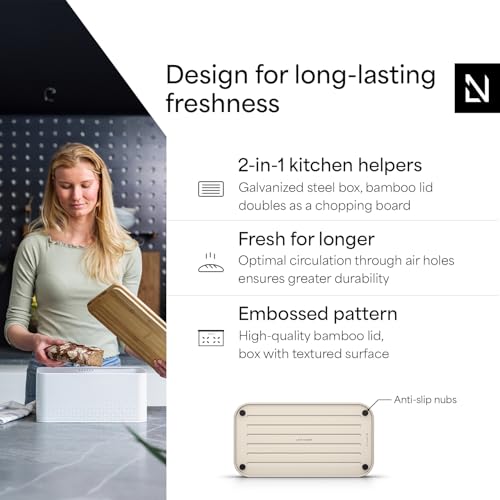Image of LARS NYSOM Bread Box I Metal bread box for long lasting freshness with non-slip pads I Baked goods Bin with bamboo lid usable as cutting board I 13.6x7.3x6.2in (Cream Beige)