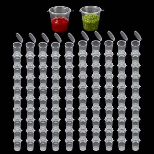 Sixinfeto 100 Stück Kleine Plastikdosen mit Deckel 1oz / 25ml – Saucenbecher Frischhaltedosen Dosen und Portionsbecher für Soßen Dips und Gewürze
