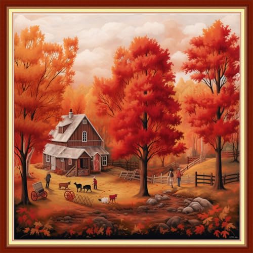 Image of Joyhoor Cross Stitch Kits for Beginners Stamped Cross-Stitch Supplies Needlework preprint Embroidery Kits for Adults DIY Needlepoint Kits Embroidery Patterns 11CT-Red Maple Leaf Scenery 18.x18 inch