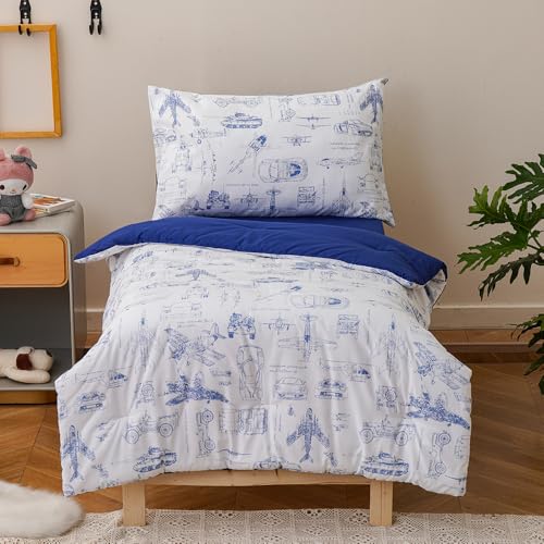 Image of CLOTHKNOW 4Pieces Vehicle Traffic Toddler Bedding Sets for Boys Girls Kids | 4Pcs White Blue Comforter Sets, Cars Airplane Tank Helicopter Pattern, Soft All Seaon Crib Bed Sets