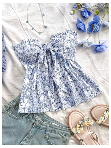 Floerns Women's Boho Floral Strapless Tube Top Bowknot Front Ruffle Hem Bandeau4