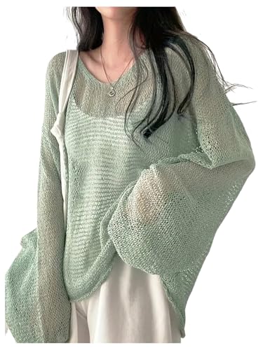 MakeMeChic Women's Boat Neck Bell Sleeve Sweater Sheer Loose Fit Knitted Pullover Top