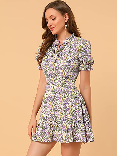 Image of Allegra K Womens Floral Chiffon Mini Dress Ruffle Hem Puff Short Sleeve