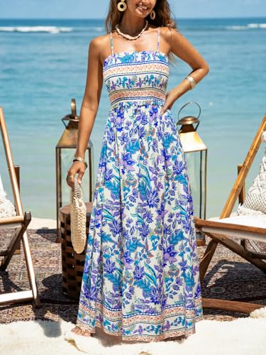 Image of CUPSHE Women Spaghetti Straps Boho Maxi Dress Summer Sleeveless Smocked Floral Beach Long Dress Flowy Cruise Vacation Outfits