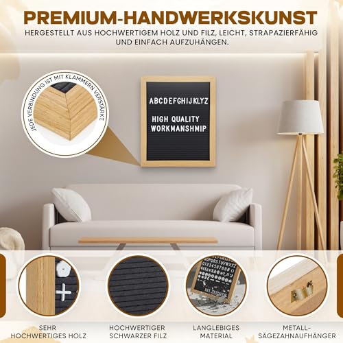 Buchstabenbrett Holzbrett mit Buchstaben, 23 x 30 cm - Brett mit Rillen Letter Board Filzbrett Memoboard mit 161 Zeichen (Schwarz)
