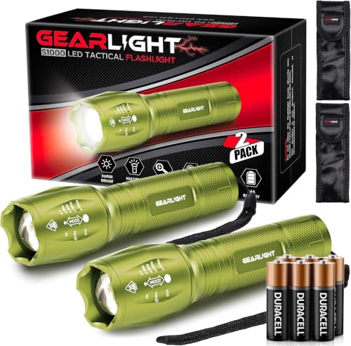 Image of GearLight LED Flashlight High Lumens, Mini Tactical LED Flashlight 2 Pack, 5 Modes Zoomable Beam, Battery Powered for Camping, Hunting, Home & Emergency, Compact Small LED Flashlight (Green Yellow)