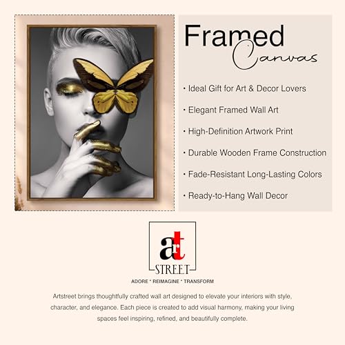 Image of Modern Abstract Portrait Framed Canvas Painting For Living Room | Butterfly Pop Wall Art For Livingroom Wall Decor, Home Decor, Bedroom, Hallway's, Office, Hotel - 43x58 cm