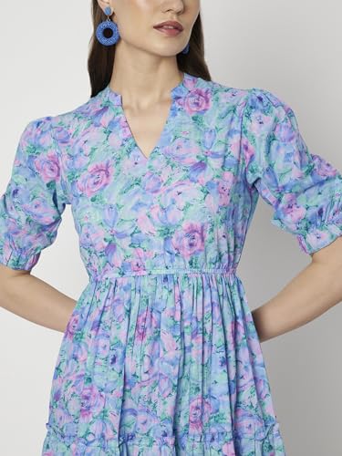 Image of PIDAVLIYA'S Women's Floral Summer Maxi Dress I Cotton Printed I One Piece Bodycon Midi Dress with V-Neck, Puffed Sleeves