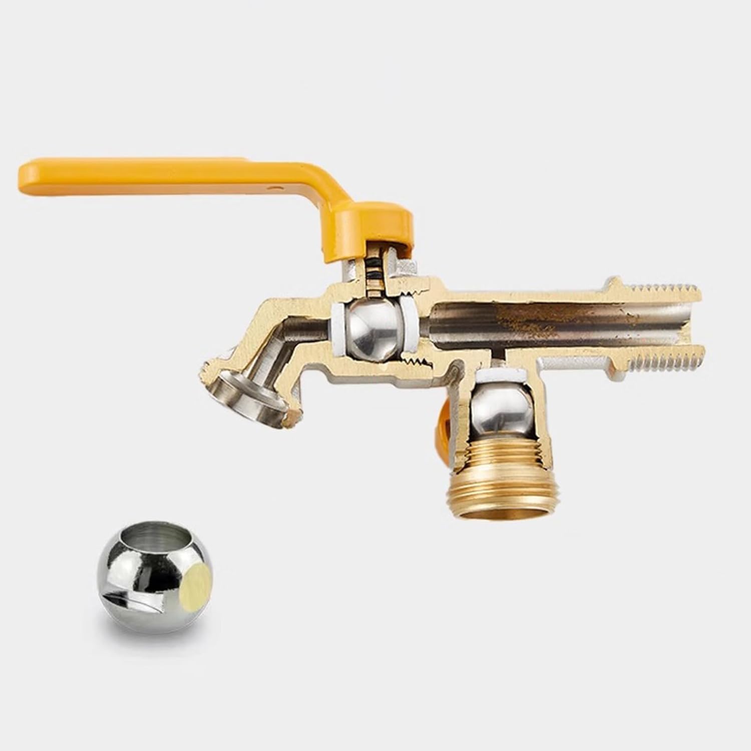 Rubinetto da Giardino A Doppia Uscita Valvola A Sfera in Ottone da 1/2 Pollice Resistente al Gelo per Irrigazione, Autolavaggio, All'aperto, Chrome Yellow