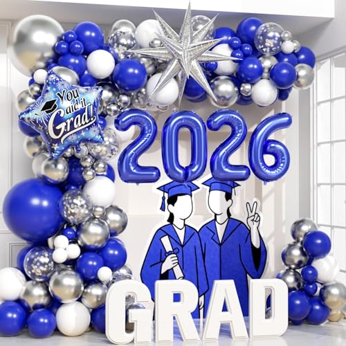 133pcs Graduation Balloon Arch Kit 2026 with Metallic Silver Confetti White Royal Blue Balloons for Blue Graduation Decorations 2026