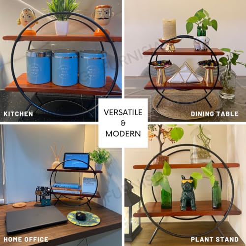 Image of GOFURNISIA Premium Wooden Kitchen Countertop Organizer, Shelf Rack For Kitchen Storage, 2 Tier for Spices, Oil, Tabletop Rack For Bar, Makeup, Office, Handcrafted Teakwood and Iron, Easy Assembly