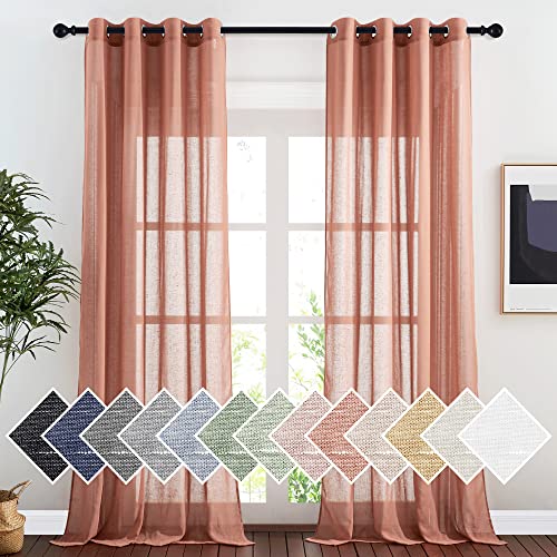 NICETOWN Linen Textured Semi Sheer Curtains for Large Windows, Ring Top Privacy with Light Filtering Flax Sheer Drapes for Bedroom/Living Room, Terracotta=Burnt Orange, W52 x L108, Set of 2