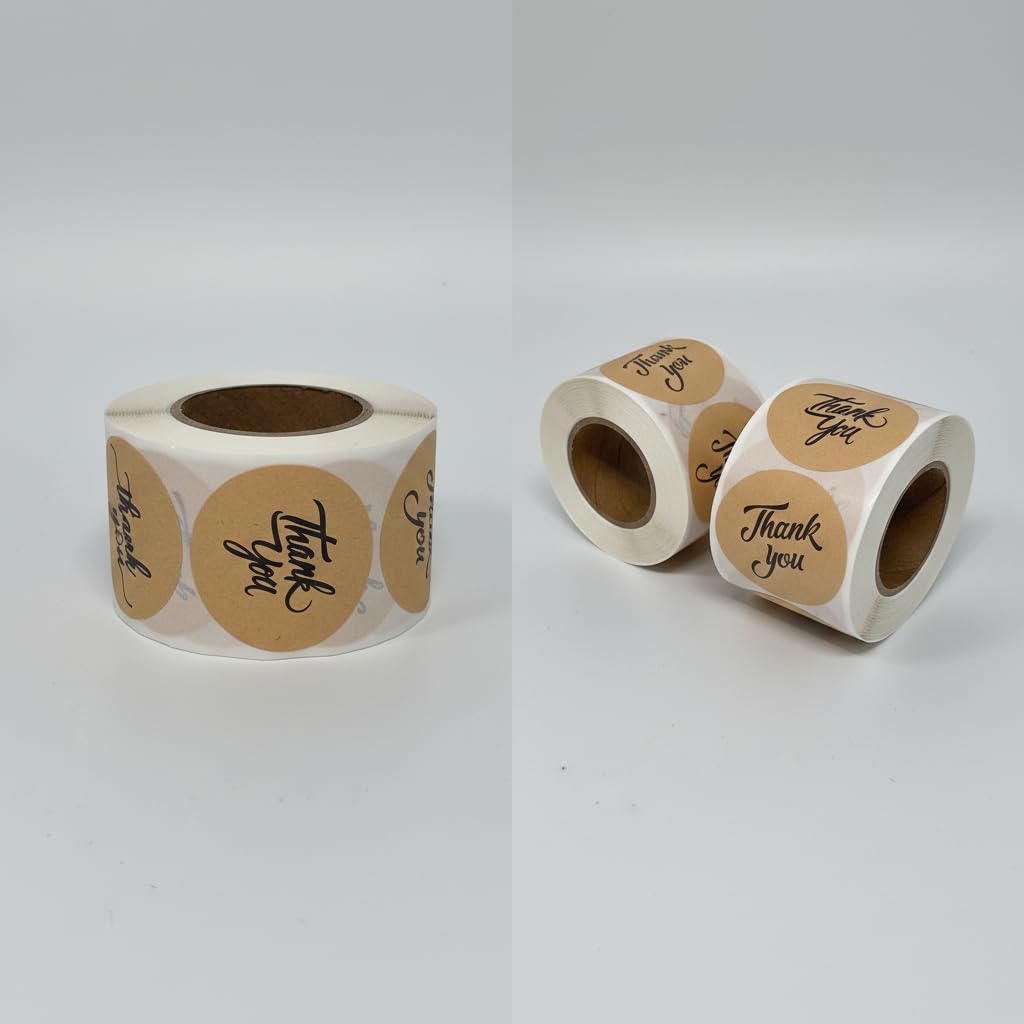 Rotolo di 500 adesivi di ringraziamento – Etichette rotonde in carta kraft da 3,8 cm con scritta nera – Adesivi autoadesivi per imballaggi di piccole imprese, sacchetti di carta, scatole regalo buste