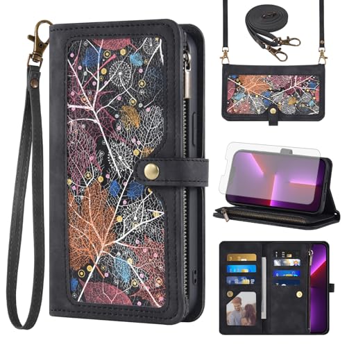 Étui pour iPhone 13 Pro en cuir noir avec compartiment cartes et fermeture éclair