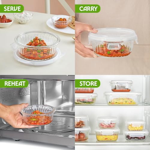 Image of Borosil 400 ml Fluted Klip N Store Round Food Storage Container with Air Tight Glass Lid | Borosilicate Glass Container for Lunchbox | Microwave & Dishwasher Safe | Transparent