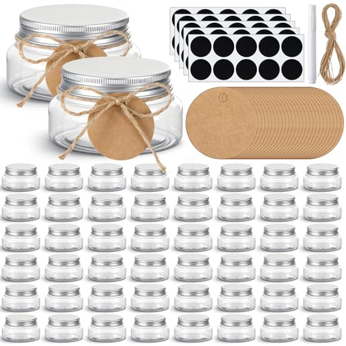 Teecyhooo 50 Set Mason Jars with Lids, 5 oz Mini Jam Wide Mouth Jars with Labels Stickers and String, Small Plastic Bottles for Canning Jelly Spice Herbs Honey Storage Wedding Party Favors