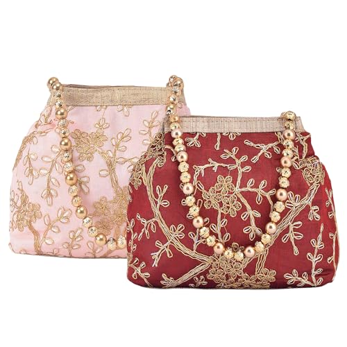 Image of Kuber Industries Pack of 2 Potli Bags for Ladies & Girls | Women Shagun Pouches for Festive Seasons | Bridal Purse | Moti Embroidery- Peach & Maroon