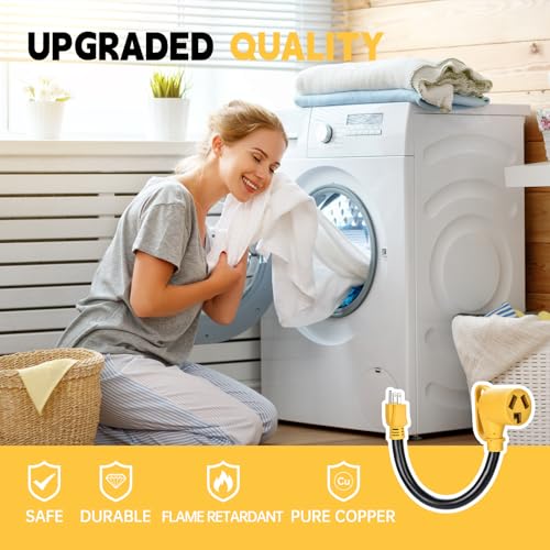 Image of Dryer Adapter Cord, NEMA 5-15P Male to 10-30R Female Power Adapter, Heavy Duty STW 10 Gauge Only for 15 Amp 120V Dryer, 12Inch, ETL Listed（Yellow）