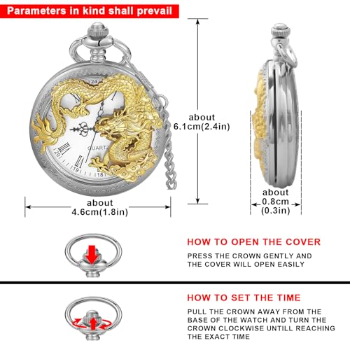 Image of Dragon Design Quartz Pocket Watch Roman Numerals with Chain Birthdays Gifts for Father's Days