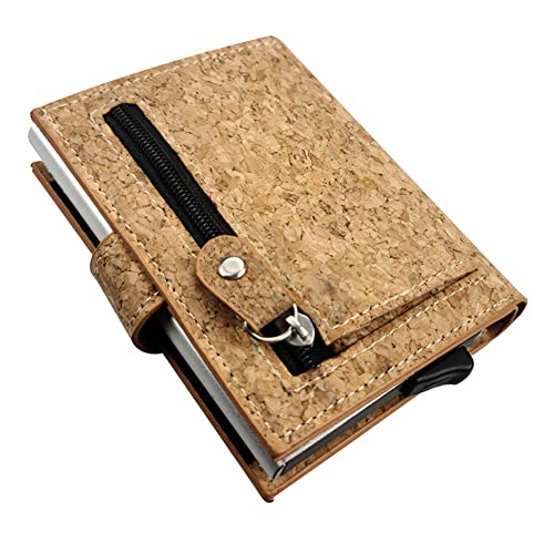 Image of HONB RFID Credit Card Holder, Slim Genuine Leather Wallet for Travel, Pop Up Wallet for Men, Cork Brown, Cork Grain Wallet