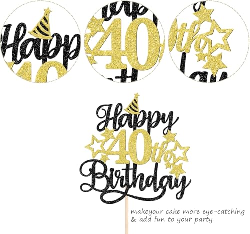 Image of Confetti! Glittering 40th Birthday Cake Topper with Star Hat - Cheers to 40 Years! Fabulous Cake Decorations for Adults 40th Birthday & Anniversary Party Supply