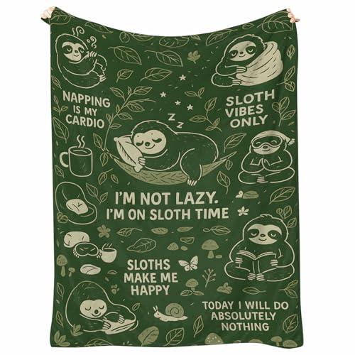 Sloth Throw Blanket 60x50 - Cozy Polyester Flannel Fleece Forest Green Cartoon Design Soft Lightweight Couch/Bed/Dorm Throw Cute Animal Gift for Sloth Lovers Kids Teens Adults