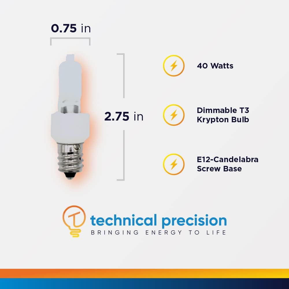 Super Sale 🛒 120V 40W Bulb Frosted Krypton Replacement Bulb for Kichler 5907FST Accessory Bulb by Technical Precision - T3 Candelabra E 12 Base - 3000 Hours - 560 Lumens - 12 Pack