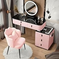 MJKCBD Dressing Table with LED Lights Mirror - Pink Vanity Makeup Table Set with Bluetooth Speaker & USB/Wireless Charging, 6 Drawers and Cushioned Stool (Table+Chair+Cabinet) 39.4\u2033