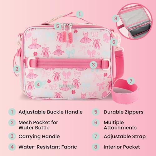 Image of Bentgo Kids Prints Lunch Bag - Double-Insulated, Reusable, for Kids 3+, Adjustable Strap; Holds Lunch Box /Water Bottle /Snacks; Easy-Clean, Water-Resistant, Pockets (NEW Ballet & Bows)