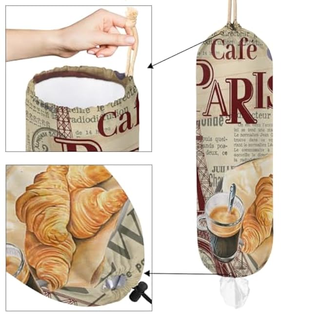 France Eiffel Tower Plastic Bag Holder Wall Mount Cafe Paris Grocery Bag Holder Reusable Shopping Bag Storage Organizer Decor for Home Kitchen Pantry