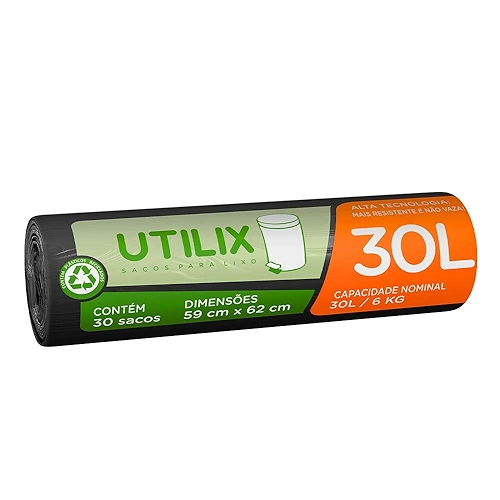 Utilix 510024312 - Saco para lixo, 30 litros, Preto, Rolo com 30 sacos