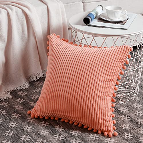 Fancy Homi Pack Of 2 Coral Decorative Throw Pillow Covers 18X18 Inch With Pom-Poms For Living Room Couch Bedroom, Soft Corduroy Peach Solid Square Cushion Case 45X45 Cm, Rustic Farmhouse Home Decor #TOP1