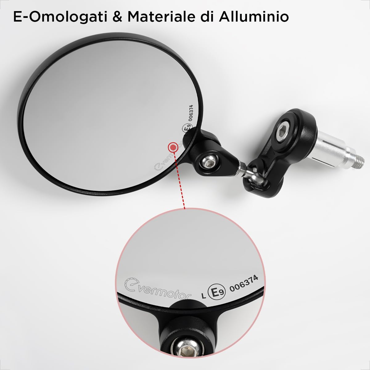 Evermotor Specchietto terminale per manubrio, omologato E, girevole 360°, in lega alluminio, 7/8", 22 mm, rotondo, compatibile scooter, ATV, ciclomotore (2 pezzi)