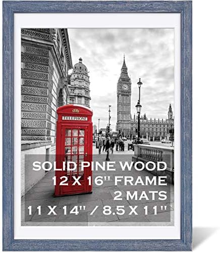 12x16 Rustic Picture Frames Solid Wood Display Pictures 11x14 or 8.5x11 Diplomas with Mat or 12x16 without Mat, Farmhouse Distressed Wooden Picture Frame for Wall or Table Top Display, Rustic Blue