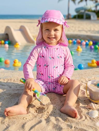 Image of ODASDO Infant Baby Girls Long Sleeve One Piece Rash Guard Swimsuit 3-24M | UPF 50+ Sun Protection | Back Zipper | Quick Drying | Full Head Neck Body Coverage | For Beach Vacation and Pool Party