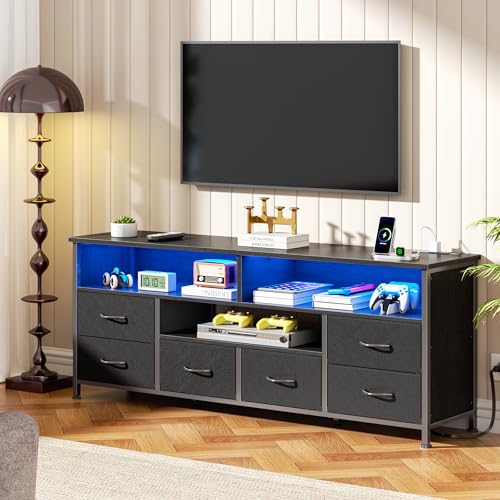 Image of Furologee 55 inch LED TV Stand for Bedroom, Entertainment Center with 6 Fabric Drawers for 50 55 60 Inch TVs, Dresser TV Stand Console Media Table with Power Outlets for Living Room, Black