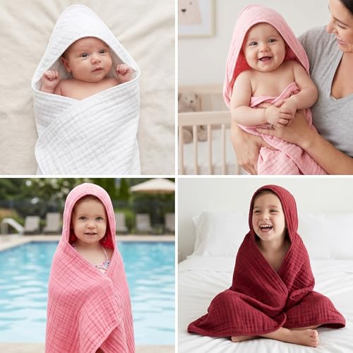 Image of Peryiter 4 Pcs Muslin Hooded Baby Towels, 32 inchx 32 inch Cotton Newborn Bath Towel Muslin Infant Baby Blankets Absorbent Unisex Newborn Registry Gift Essentials for Girls Boys (Warm Colors)