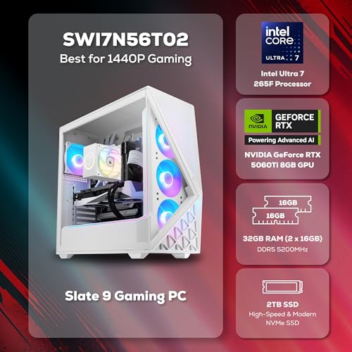 Image of iBUYPOWER Slate Gaming PC Desktop Computer Intel Core Ultra 7 265F CPU, NVIDIA GeForce RTX 5060Ti 8GB GPU, 32GB DDR5 5200MHz RAM, 2TB NVMe SSD, Windows 11 Home, Gamer Keyboard and Mouse - SWI7N56T02