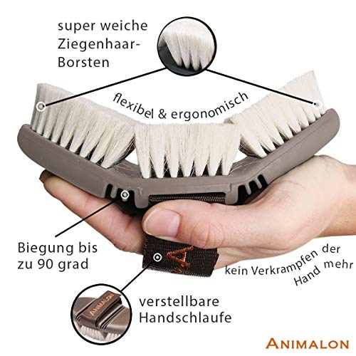 Animalon CareFlex Glanzbürste | Flexible & hochwertige Pferde-Schmuse-Bürste mit Ziegenhaar | weiche Bürste für Pferde | Kopfbürste | Glanzbürste-Pferd mit Klettverschluss | Putzzeug | Kardätsche