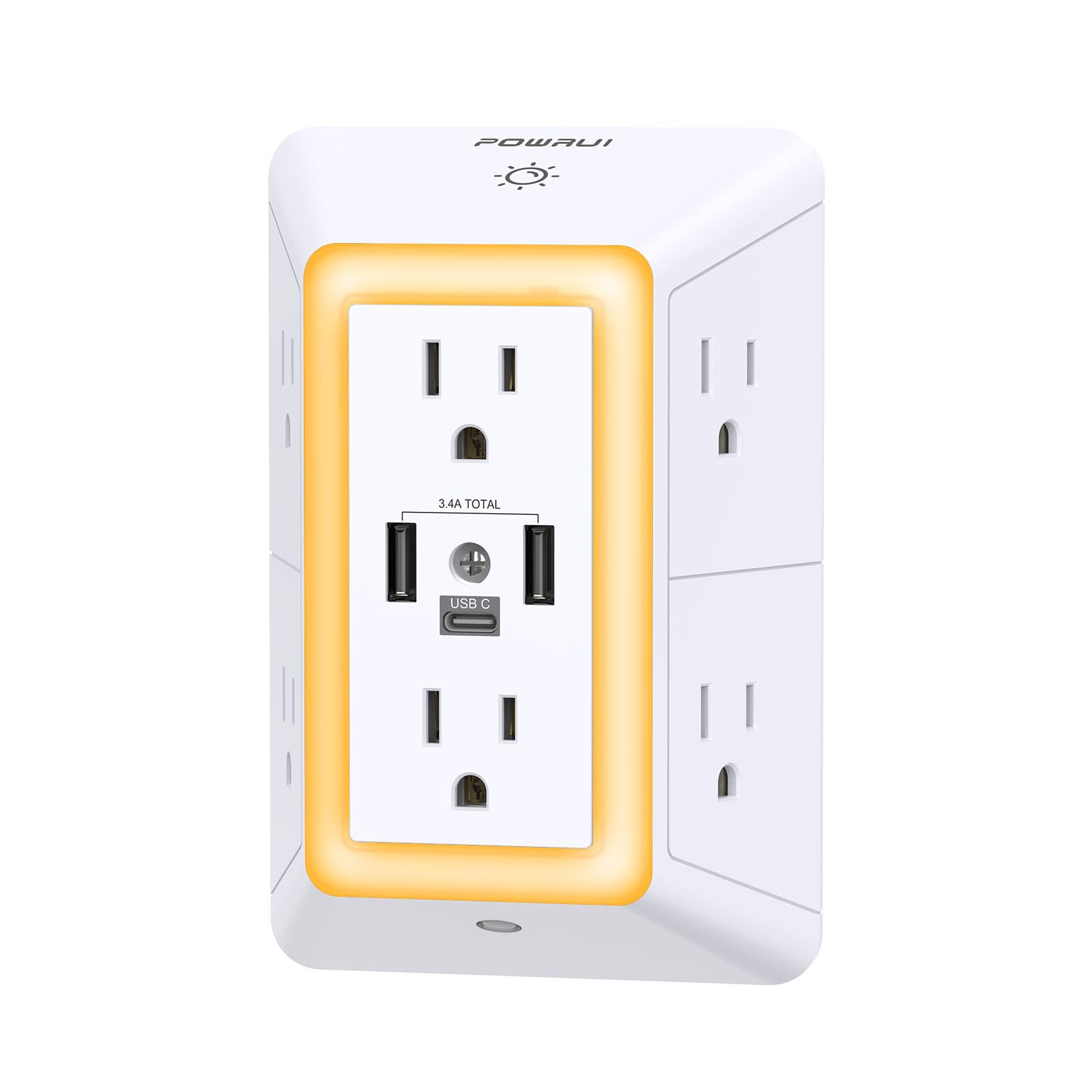 Outlet Extender USB Wall Charger - POWRUI 6 AC Surge Protector Outlets with 3 USB Ports (1 USB C) and Night Light, 3-Sided Multi Plug Wall Outlet Power Strip with Spaced Outlets, ETL Listed, White