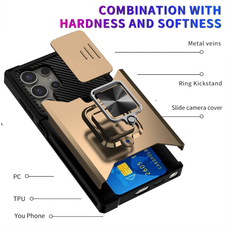 Image of LuxuryKase Shockproof Armor Case for Samsung Galaxy S24 Ultra | Slide Camera Cover | Hidden Card Slot | Rotating Ring Kickstand | Magnetic Car Mount Support | Military Grade Protection - Gold