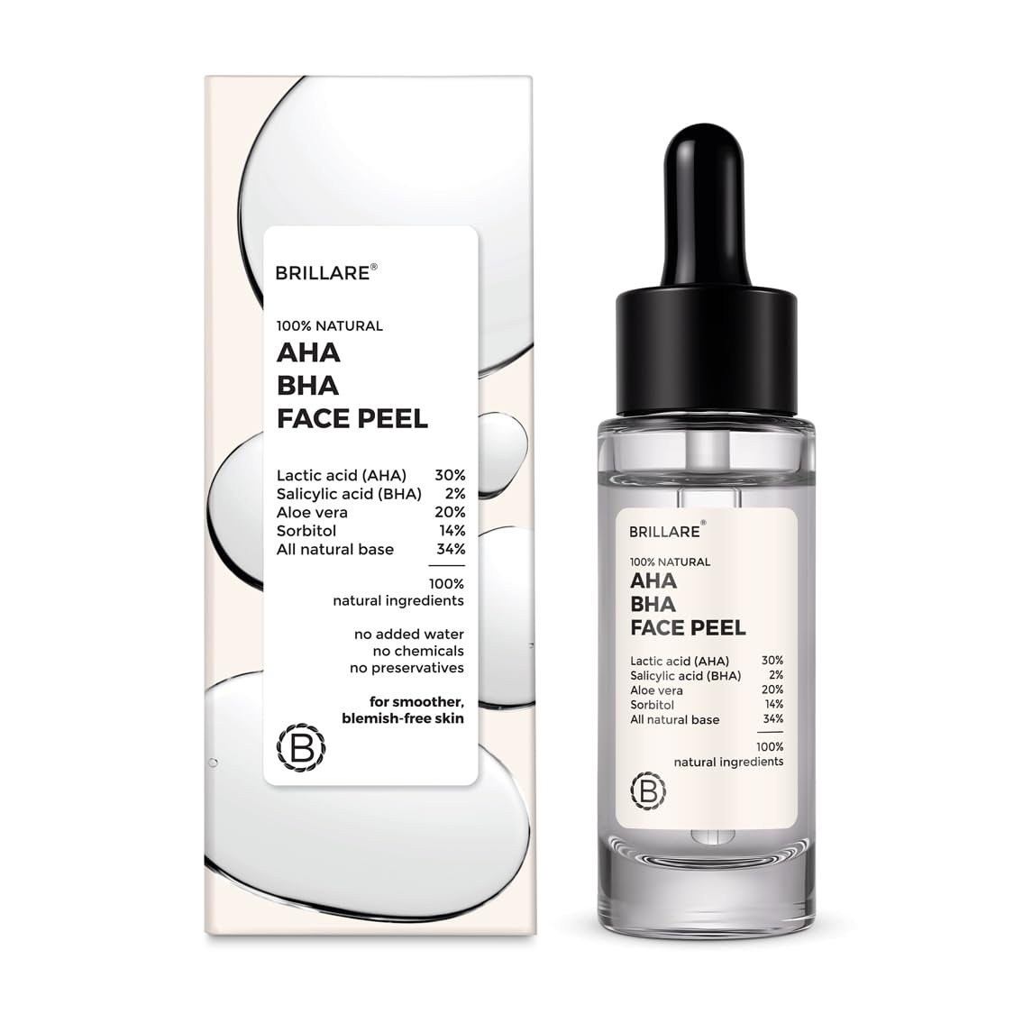Brillare 30% AHA + 2% BHA Face Peeling Solution, Glowing, Smooth, Blemish-Free Skin, Exfoliating Serum, For Acne Prone Skin, Pigmentation & Anti-ageing, With Lactic Acid, Salicylic Acid & Aloe Vera