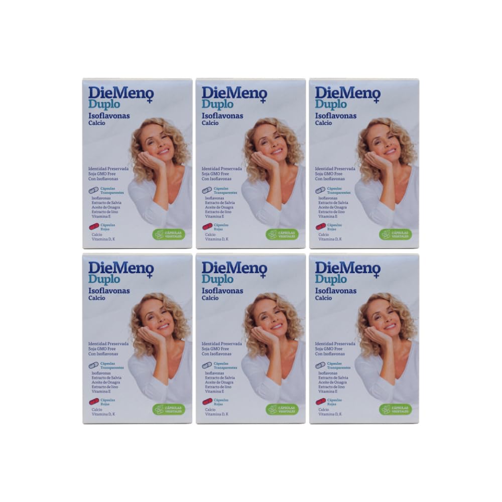 Duplo - Isoflavonas Calcio, Complemento Alimenticio, Cápsulas Entéricas ricas en isoflavonas con Calcio, Aliviar Síntomas de la Menopausia, 30+30 Cápsulas Día - Pack 6 Unidades de 60 Cápsulas