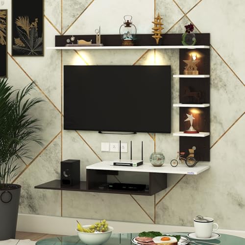 Image of Wintor Engineered Wood Wall Mounted TV Unit with 4 LED Lights, 3 Open Shelves, 1 Storage Box & Decorative Display Shelf for Living Room | Ideal for Upto 43 Inch TV- Wenge /White(DIY Assembly)
