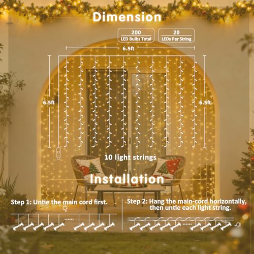 Image of JMEXSUSS USB Plug in Curtain Lights 200 LED with 8 Modes, 6.5ftx6.5ft | Remote, Warm White Curtain Fairy Lights, String Lights for Bedroom, Classroom, Dorm, Wedding, Xmas, Party Decor