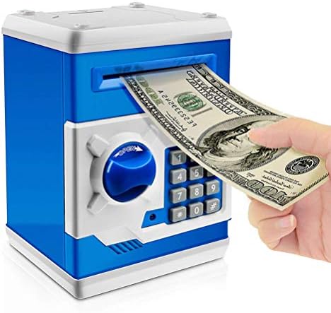 iPhyhe Cash Coin Saving Piggy Bank Electric ATM Money Safe Box with Password Combination Lock Toy Gift for Kids and Adults - Blue and White