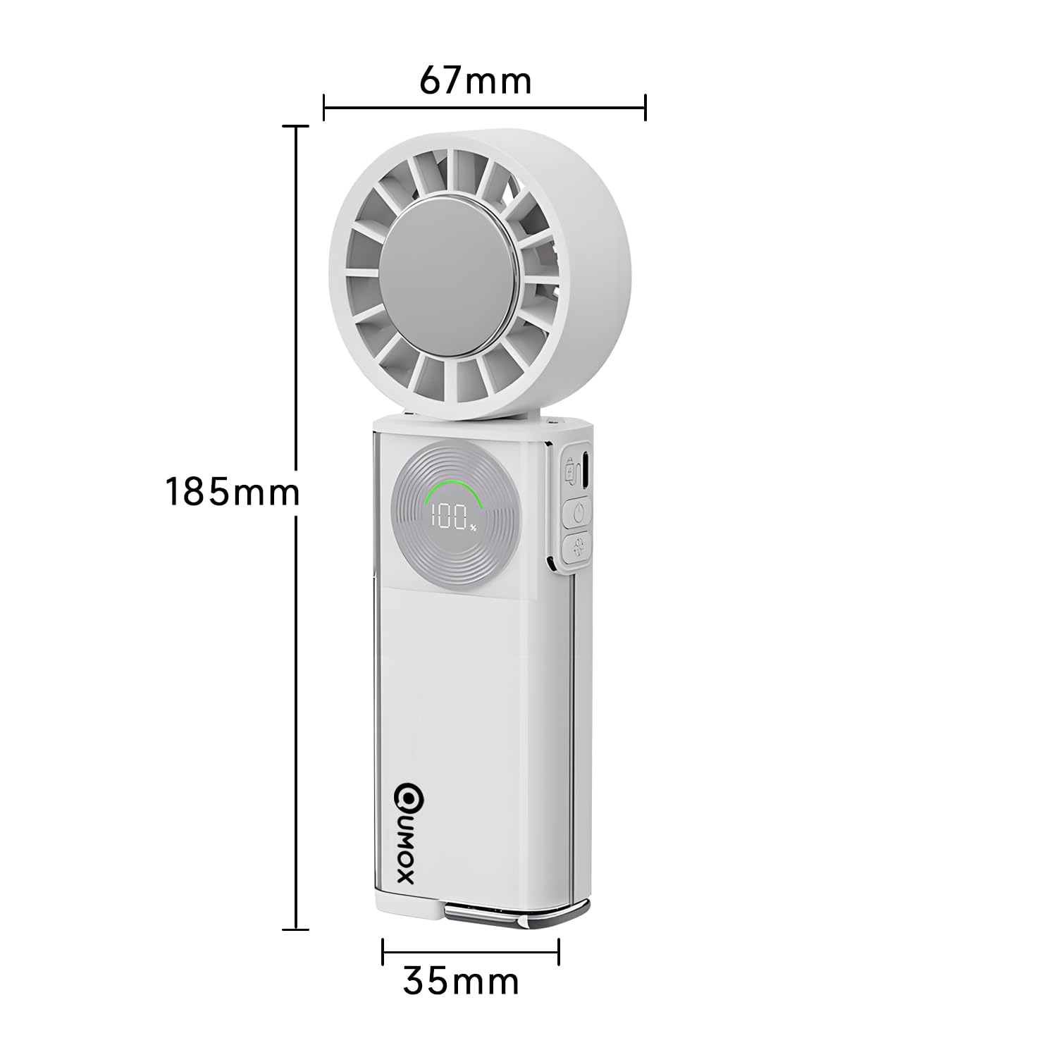 QUMOX Ventilatore Portatile con Raffreddamento a Contatto, Ventilatore Ricaricabile USB-C 100 Velocità con Piastra Fredda, Batteria 6000mAh, Display Digitale Pieghevole da Mano e da Scrivania (Bianco)