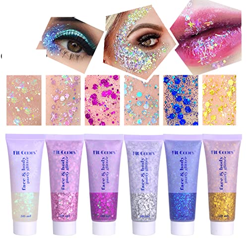Body Glitter gel, Chunky Glitter Liquid Gel kit, 6 Bottle Mermaid Sequins Body Gel, Long Lasting Festival Glitter Kosmetik für Gesicht Haare Nägel Make-up Cover