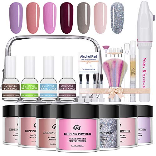 7 Colours Dipping Powder Nail Kit Silver glitter Set,Dip Powder System Starter Nail Kit With Portable Electric Nail Polisher Set,Portable Kit for Travel, French Nail Manicure Nail Art  (B)
